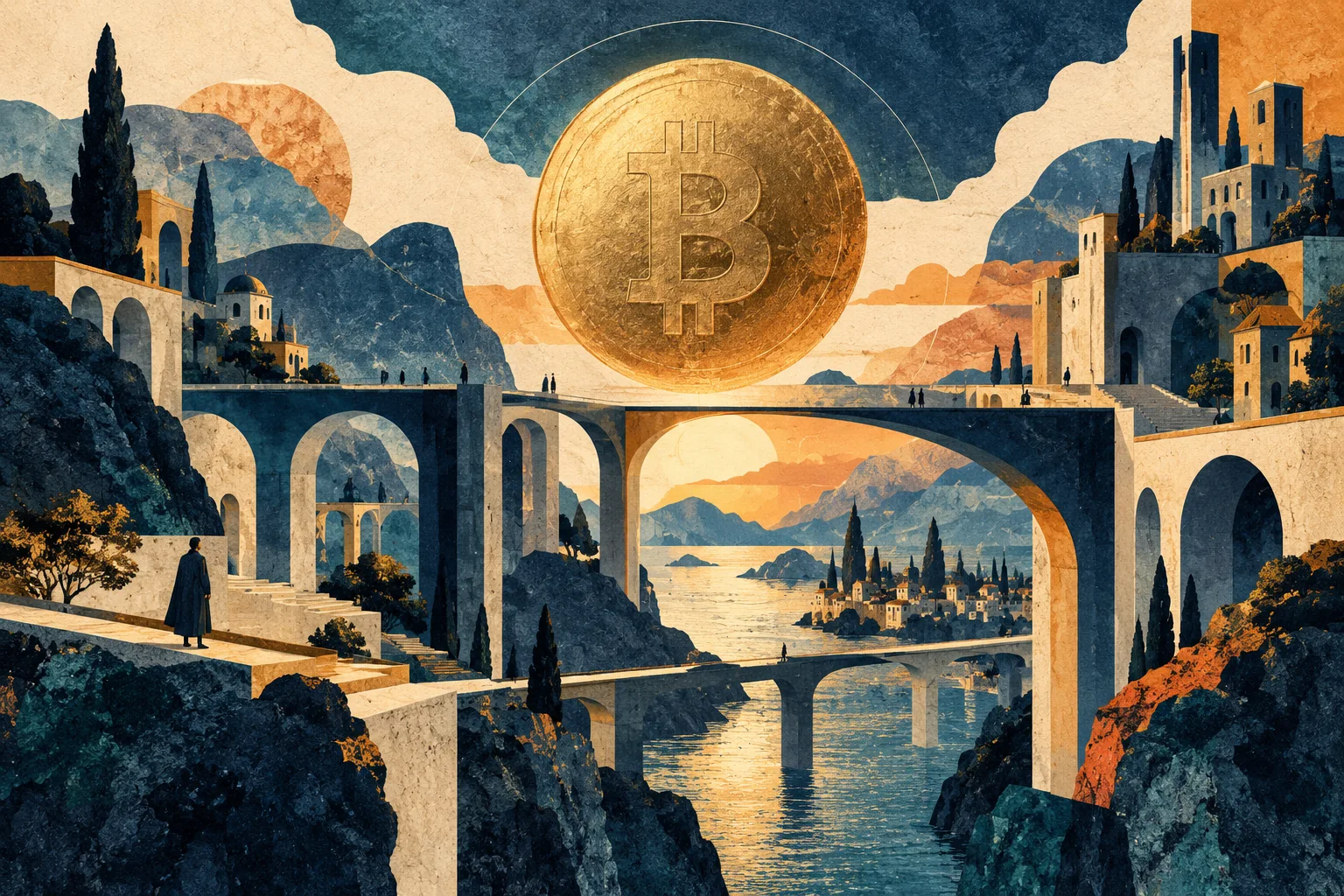A Bitcoin emblem above an interconnected landscape