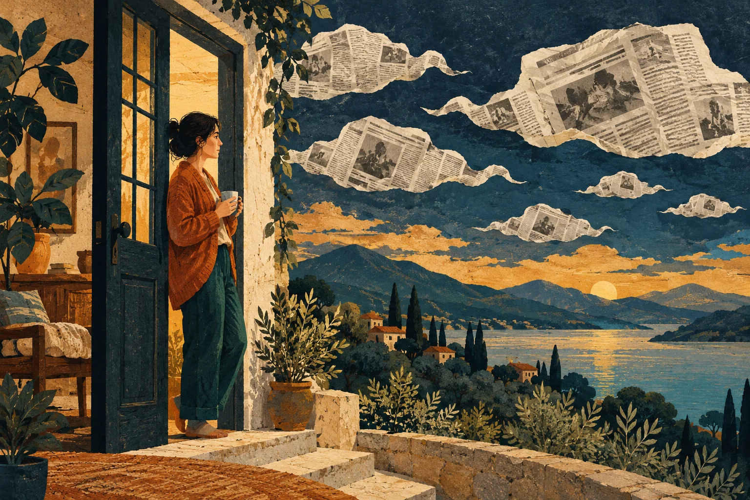A reader observes newspaper clouds outside a calm house