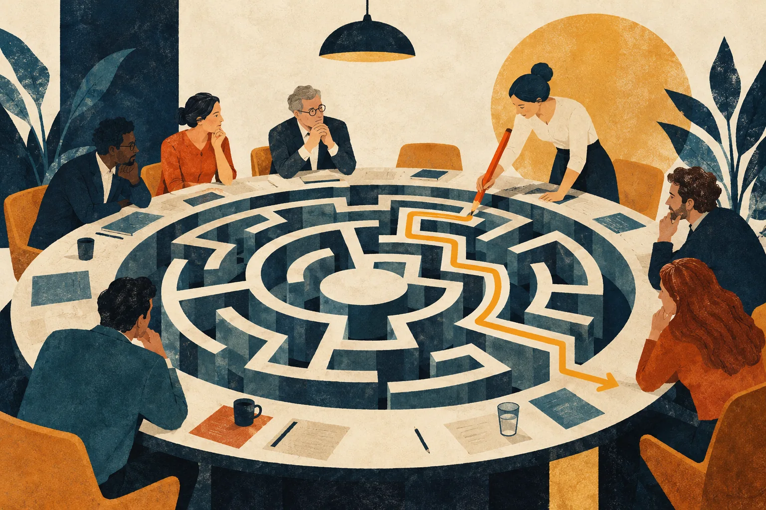Conceptual editorial illustration for The Meeting That Could Have Been a Decision